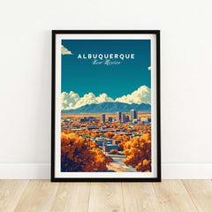 Albuquerque Wall Art featuring a vibrant cityscape of Albuquerque, New Mexico with a colorful sky.