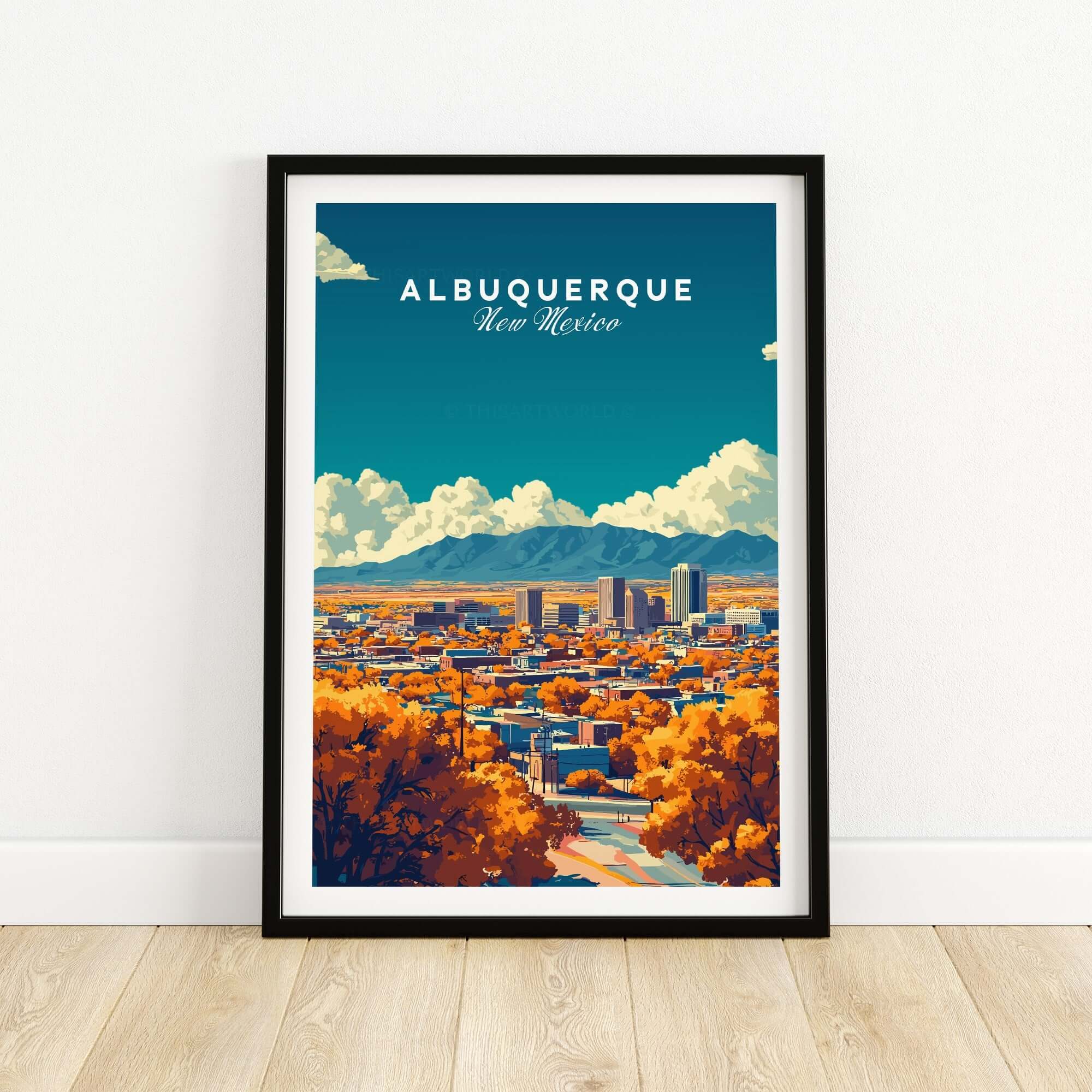Albuquerque Wall Art featuring a vibrant cityscape of Albuquerque, New Mexico with a colorful sky.
