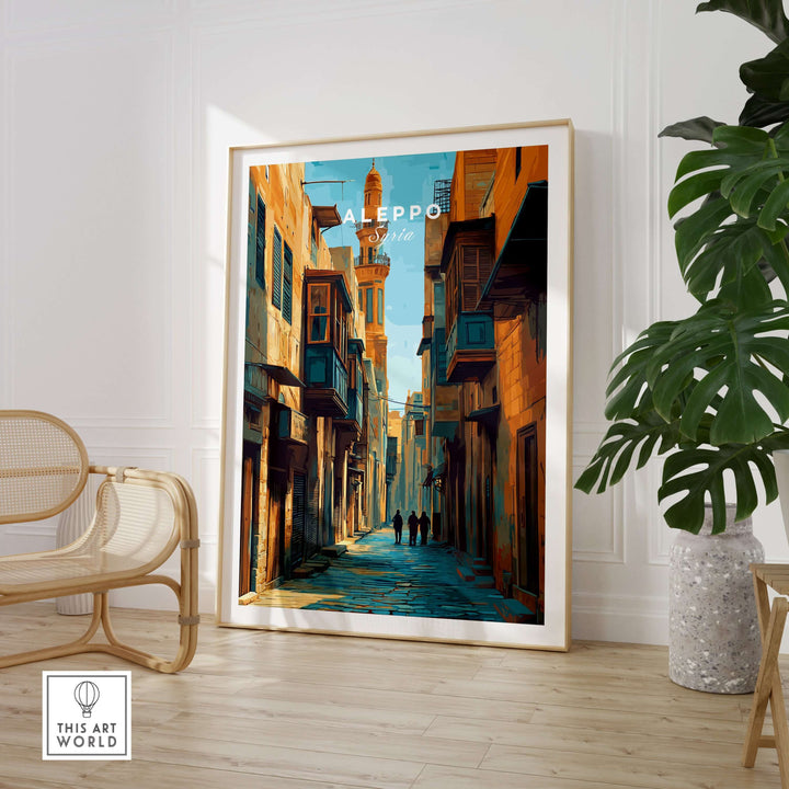 Aleppo art print showcasing Souk Al-Madina cityscape with vibrant colors, ideal for Arabic wall decor.