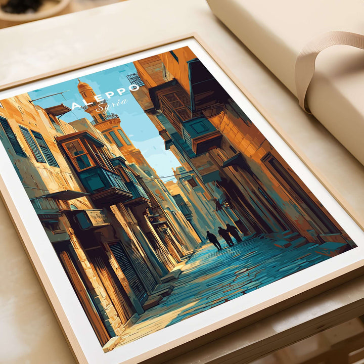 Aleppo Art Print showcasing a colorful cityscape of Souk Al-Madina, perfect for Arabic wall art decor.