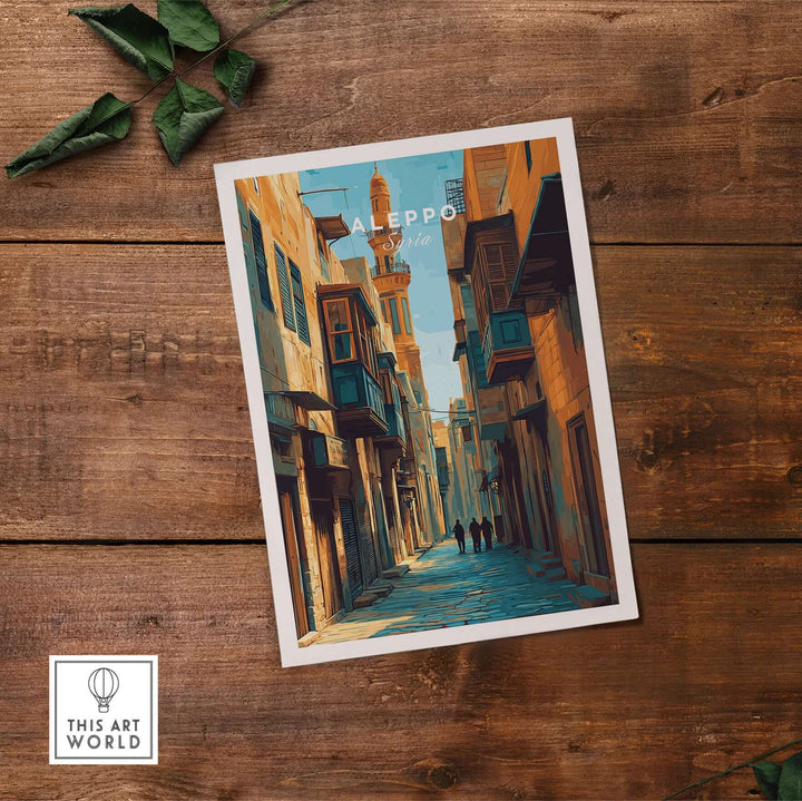 Aleppo cityscape art print featuring Souk Al-Madina with historic architecture and pedestrians walking.