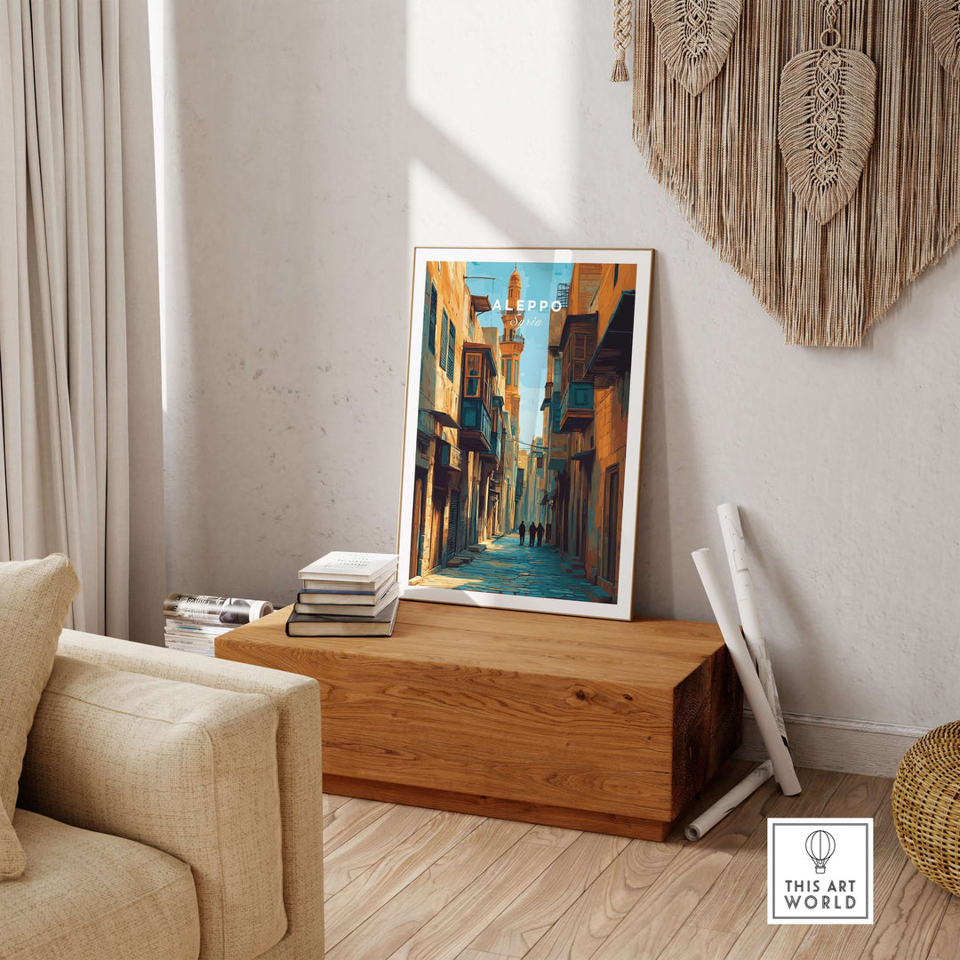 Aleppo art print displayed in a cozy living room, showcasing a vibrant cityscape of Souk Al-Madina.