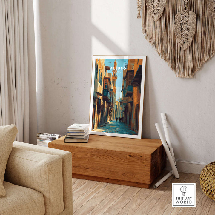 Aleppo art print displayed in a cozy living room, showcasing a vibrant cityscape of Souk Al-Madina.