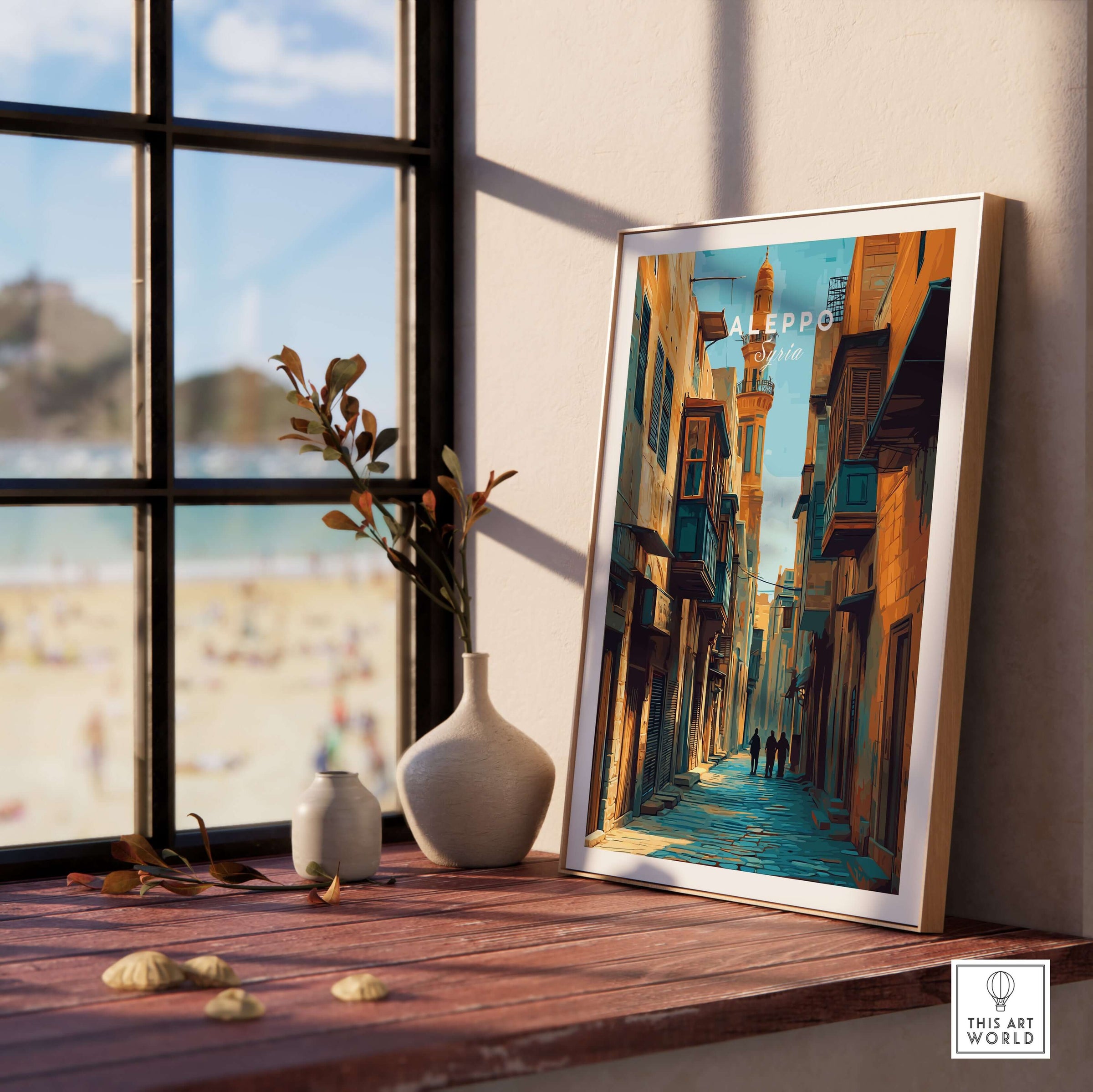 Aleppo Art Print - Syrian Cityscape Poster - Souk Al-Madina Travel Decor - Arabic Wall Art displayed in a cozy room.