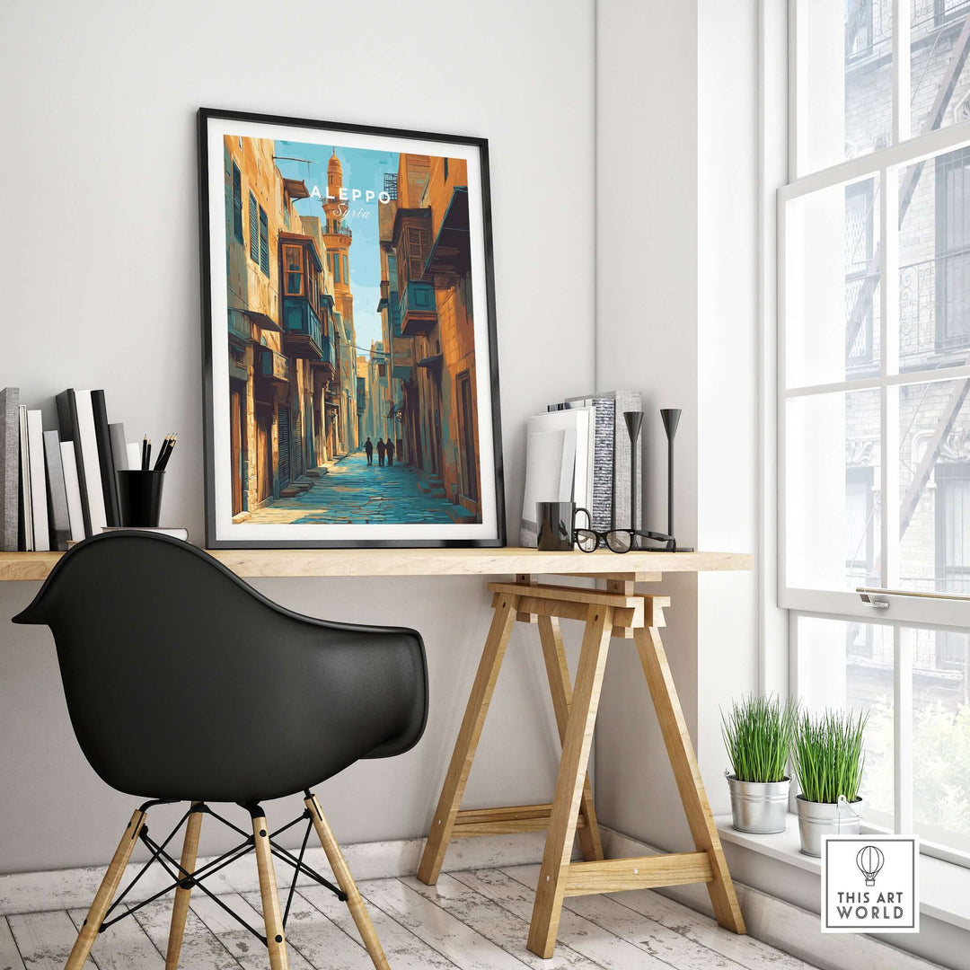 Aleppo art print in a modern workspace, showcasing Souk Al-Madina cityscape poster on wall.