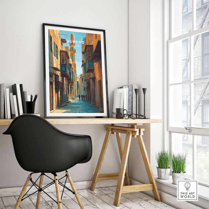 Aleppo art print in a modern workspace, showcasing Souk Al-Madina cityscape poster on wall.