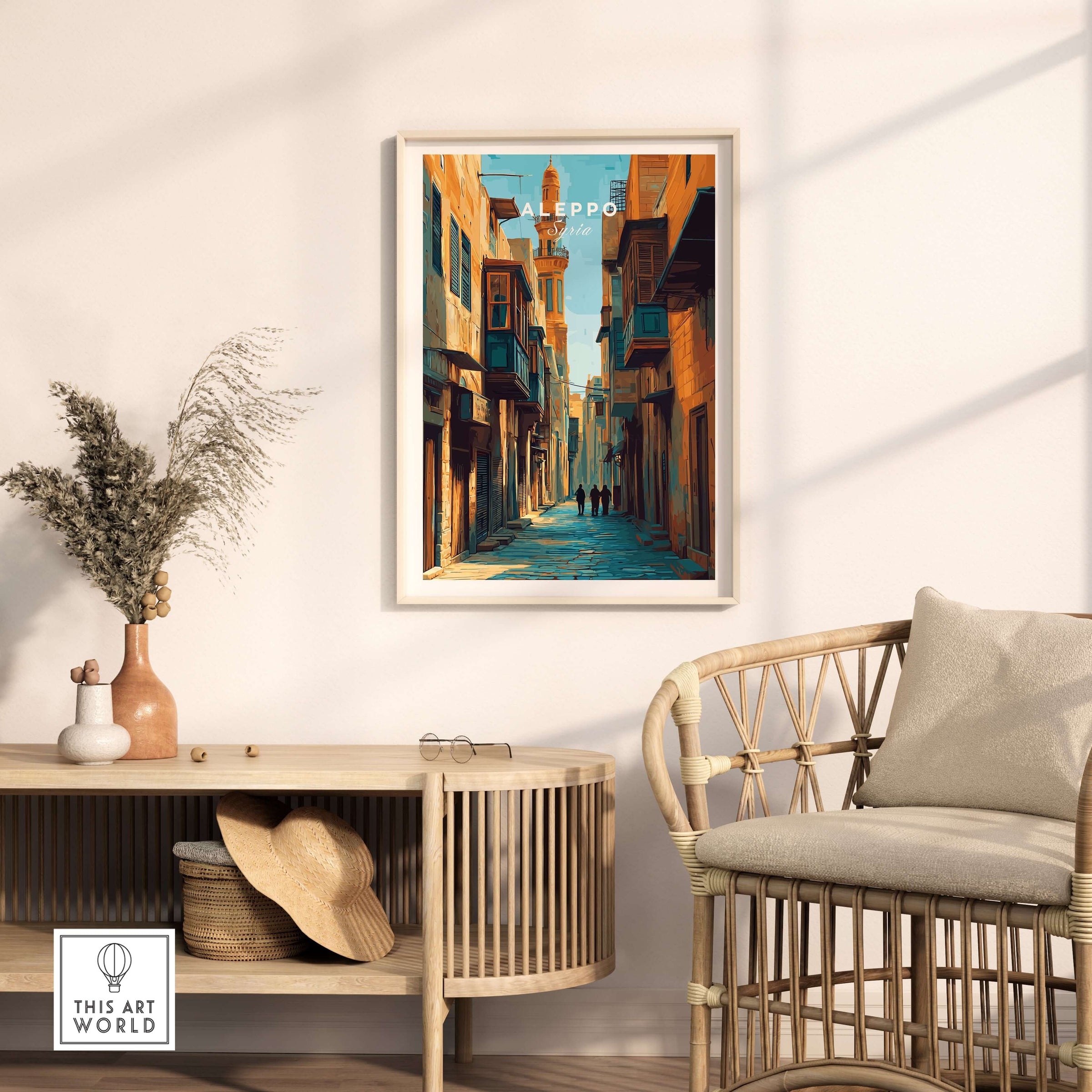 Aleppo Art Print - Syrian Cityscape Poster - Souk Al-Madina Travel Decor - Arabic Wall Art displayed in a modern living room.