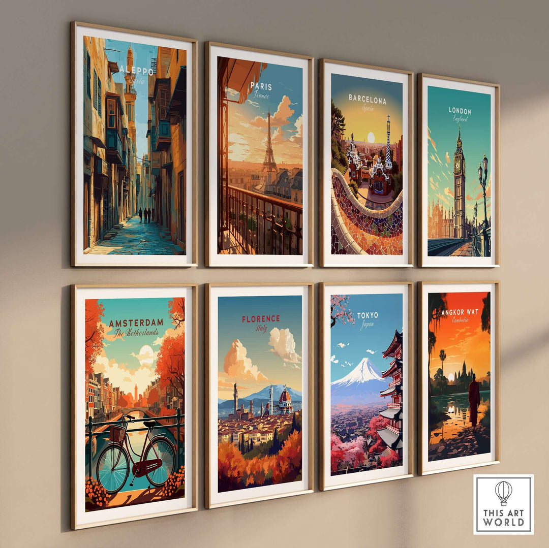 Collection of vibrant cityscape art prints including Aleppo, Paris, Barcelona, London, Amsterdam, Florence, Tokyo, and Angkor Wat.