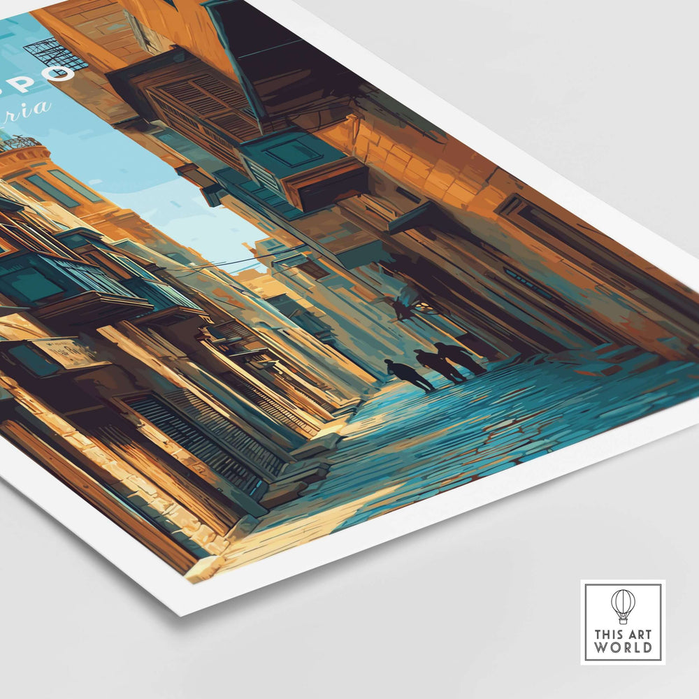 Aleppo art print showcasing a vibrant cityscape of Souk Al-Madina, perfect for Arabic wall decor.