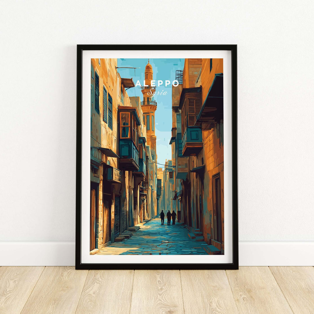 Aleppo cityscape art print depicting Souk Al-Madina with vibrant colors and historic architecture.