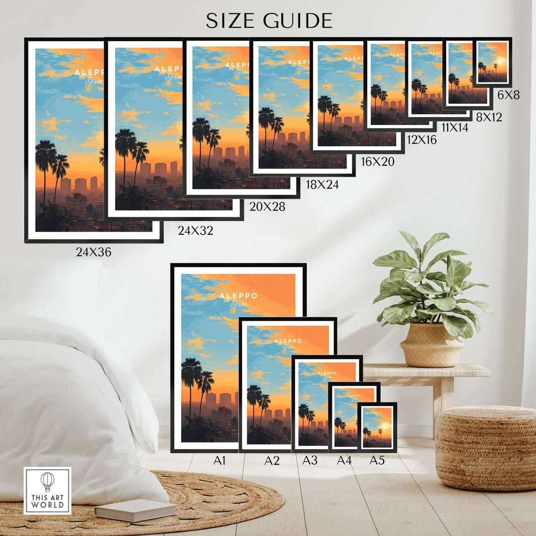 Size guide for Aleppo City print wall art, showcasing various frame dimensions and sunset design.