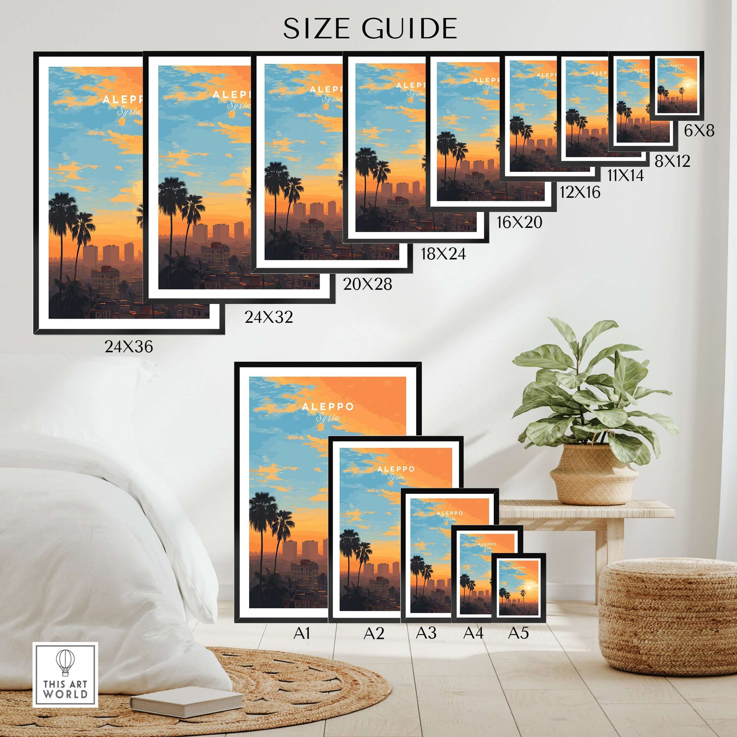 Aleppo City Print - Syrian Sunset Wall Art - Travel Decor Size Guide showcasing various frame sizes