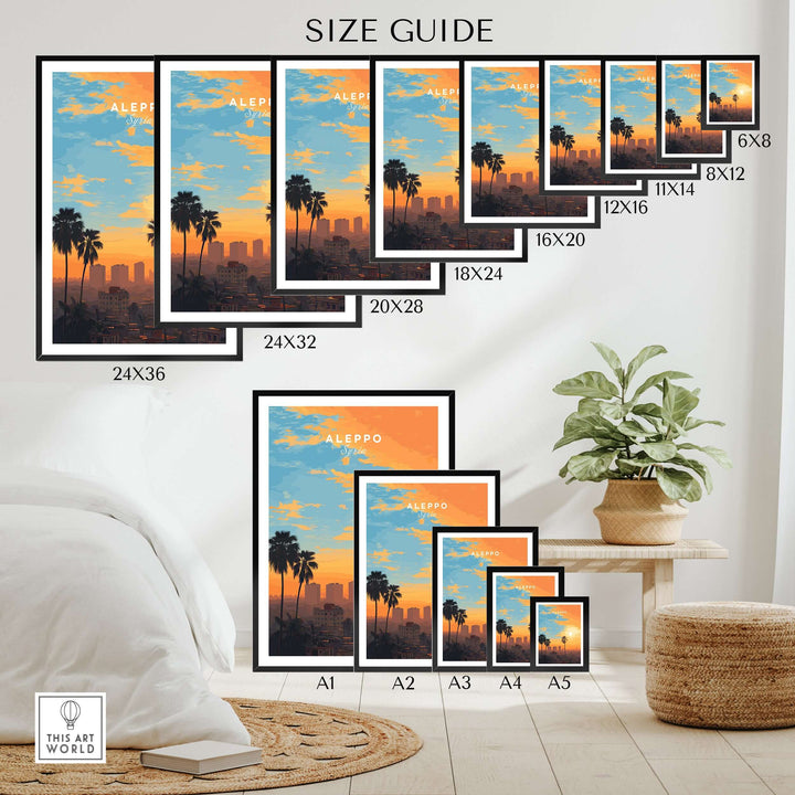 Size guide for Aleppo City print wall art, showcasing various frame dimensions and sunset design.