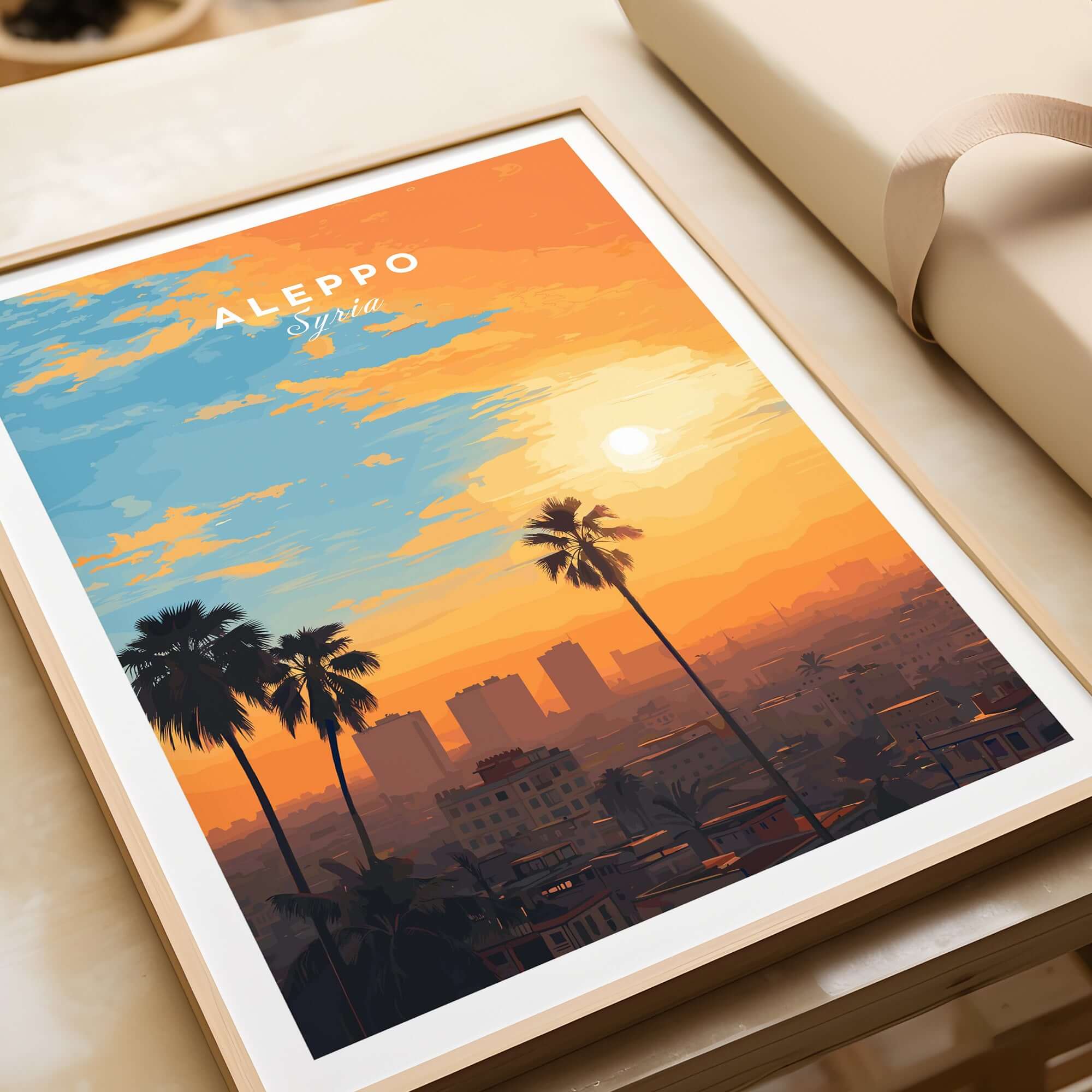 Aleppo City Print - Syrian Sunset Wall Art - Travel Decor showcasing a vibrant sunset over Aleppo with palm trees.