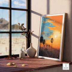 Aleppo City Print - Syrian Sunset Wall Art - Travel Decor displayed on a wooden table beside a window.