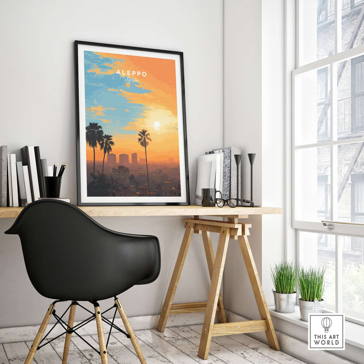 Aleppo city print featuring a vibrant sunset, adding warm decor to a modern workspace.