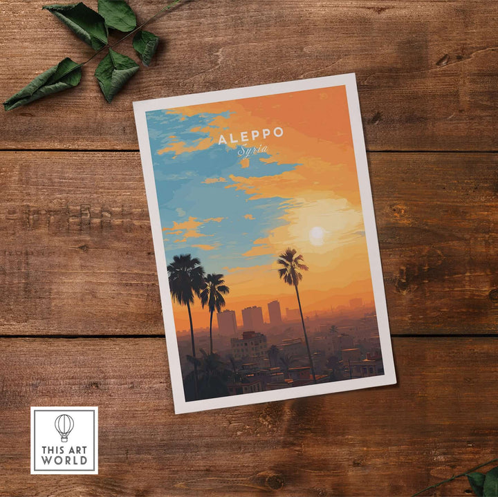 Aleppo city print featuring a vibrant sunset with palm trees, perfect for travel decor and lovers of Middle Eastern art.