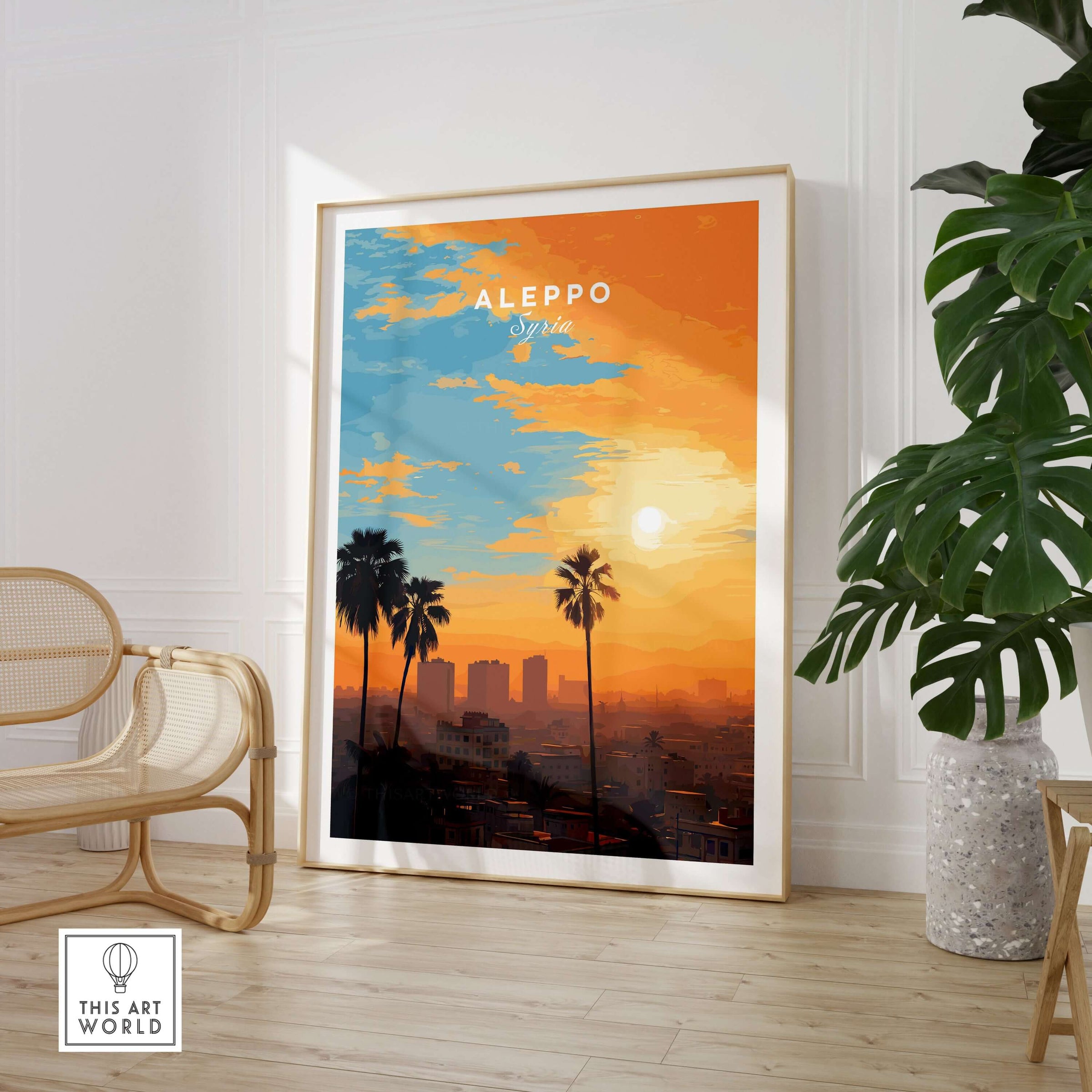 Aleppo City Print - Syrian Sunset Wall Art - Travel Decor featuring vibrant sunset over city with palm trees.
