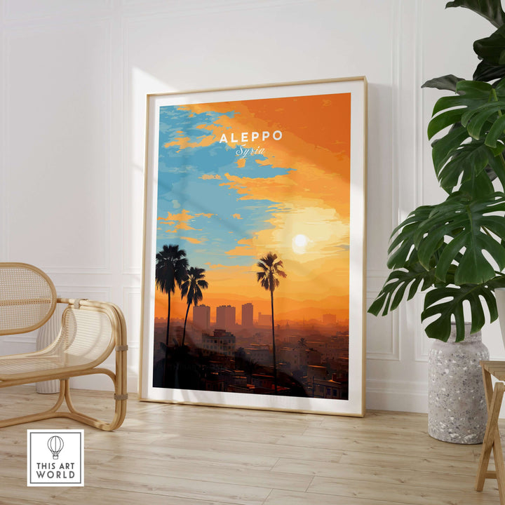 Aleppo city print showcasing a vibrant sunset with palm trees, ideal for travel decor and Middle Eastern culture lovers.
