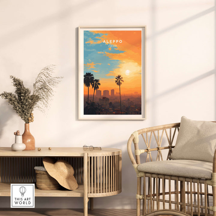 Aleppo city print featuring vibrant sunset hues in warm colors, perfect for travel decor and Middle Eastern art lovers.