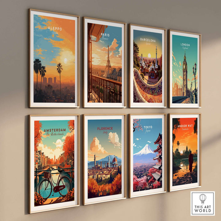 Gallery wall featuring Aleppo, Paris, Barcelona, London, Amsterdam, Florence, Tokyo, and Angkor Wat travel prints.