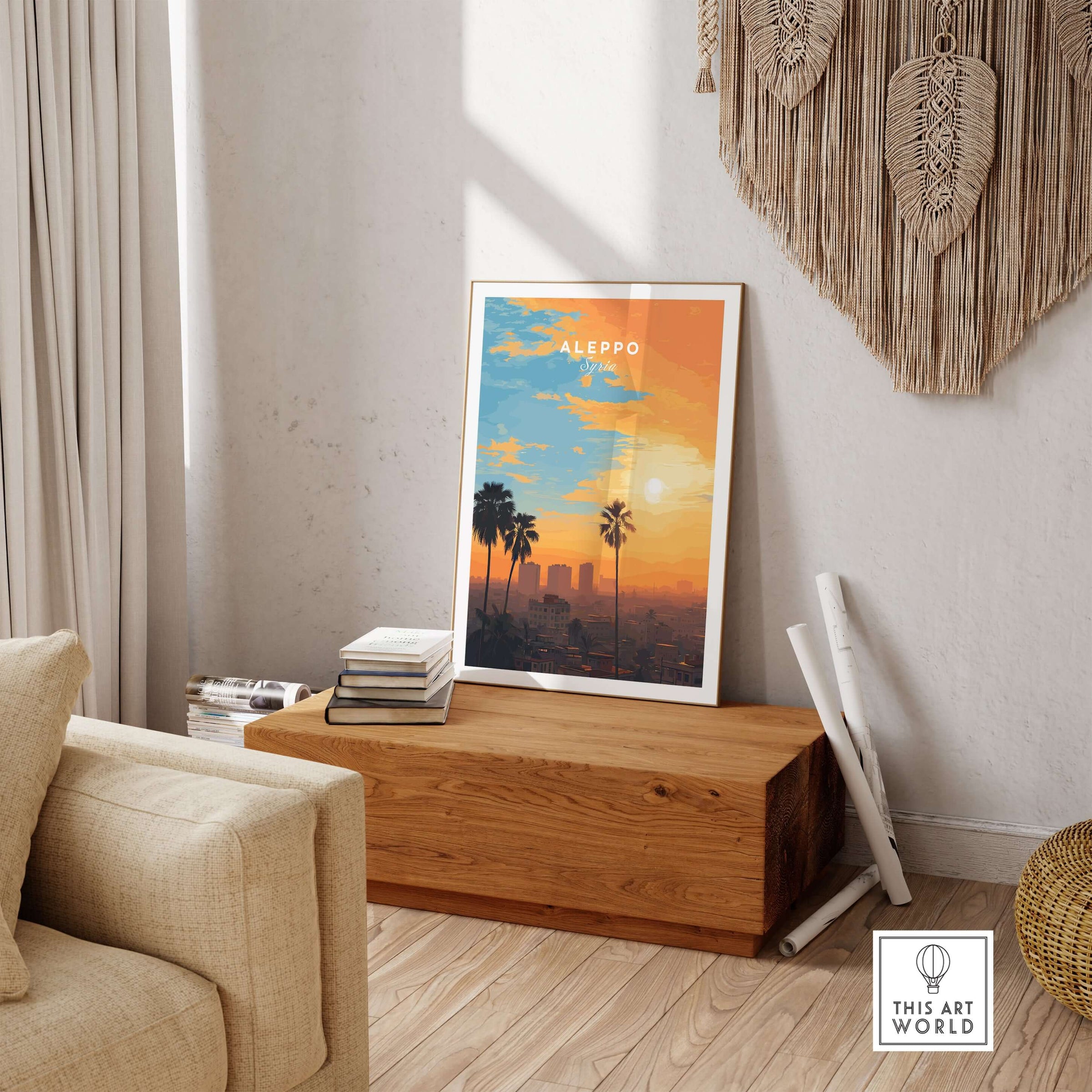Aleppo City Print - Syrian Sunset Wall Art - Travel Decor displayed in a cozy living room setting.