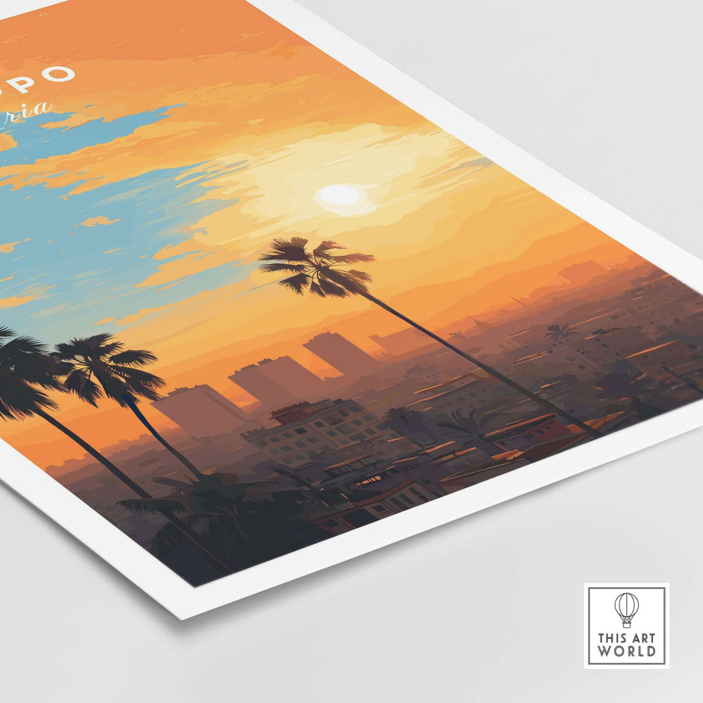 Aleppo city print artwork featuring a vibrant sunset with palm trees, perfect for travel decor lovers.