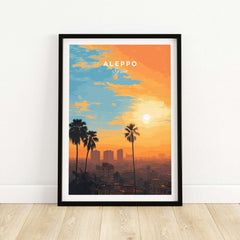 Aleppo City Print - Syrian Sunset Wall Art - Travel Decor showcasing vibrant sunset over Aleppo with palm trees.