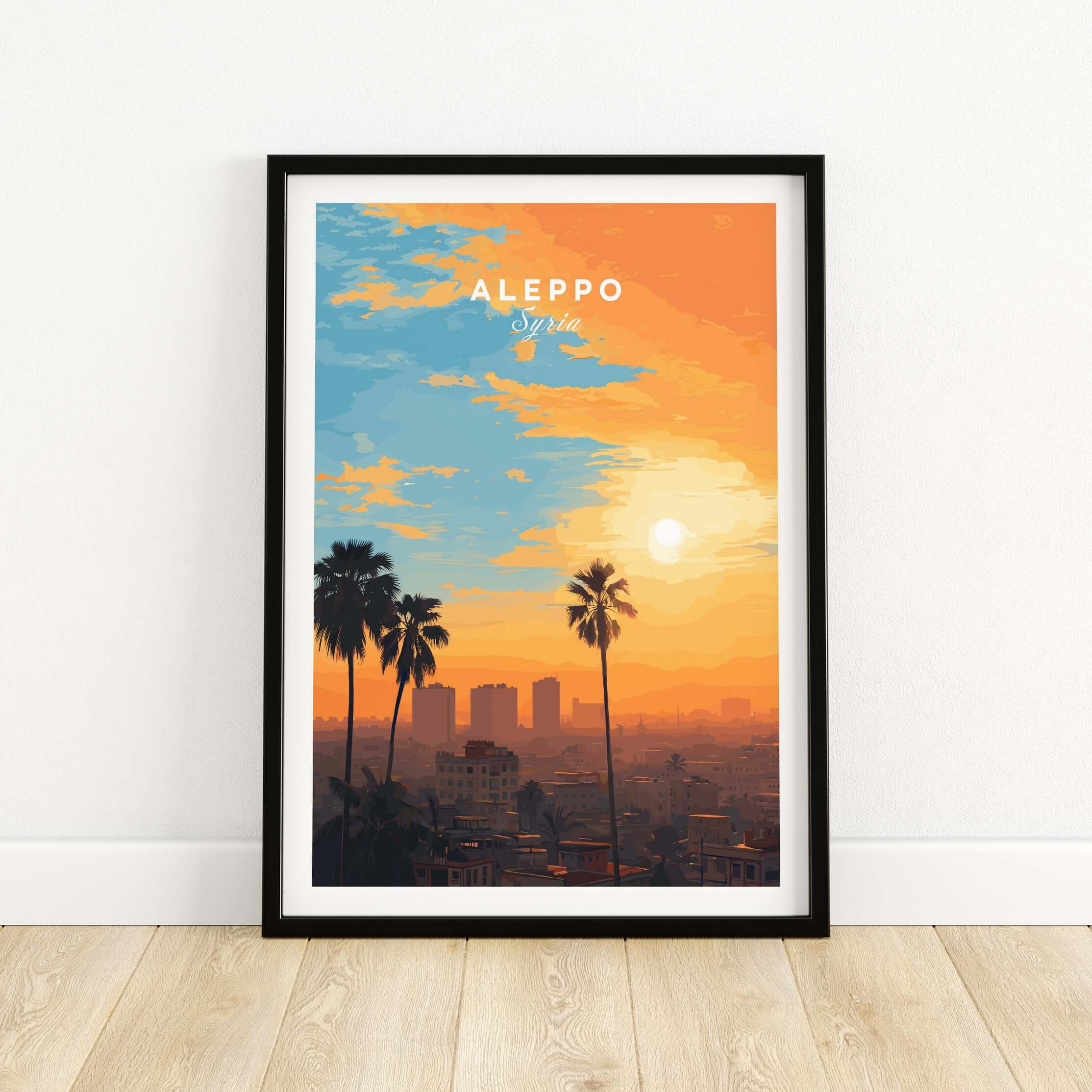 Aleppo City Print - Syrian Sunset Wall Art - Travel Decor showcasing vibrant sunset over Aleppo with palm trees.