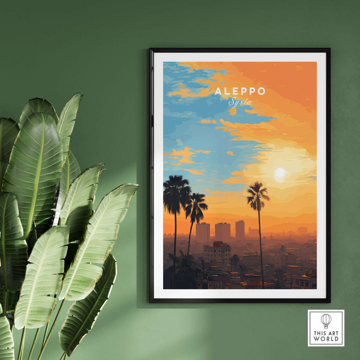 Aleppo City print showcasing a vibrant Syrian sunset with palm trees, perfect for travel decor and cultural appreciation.