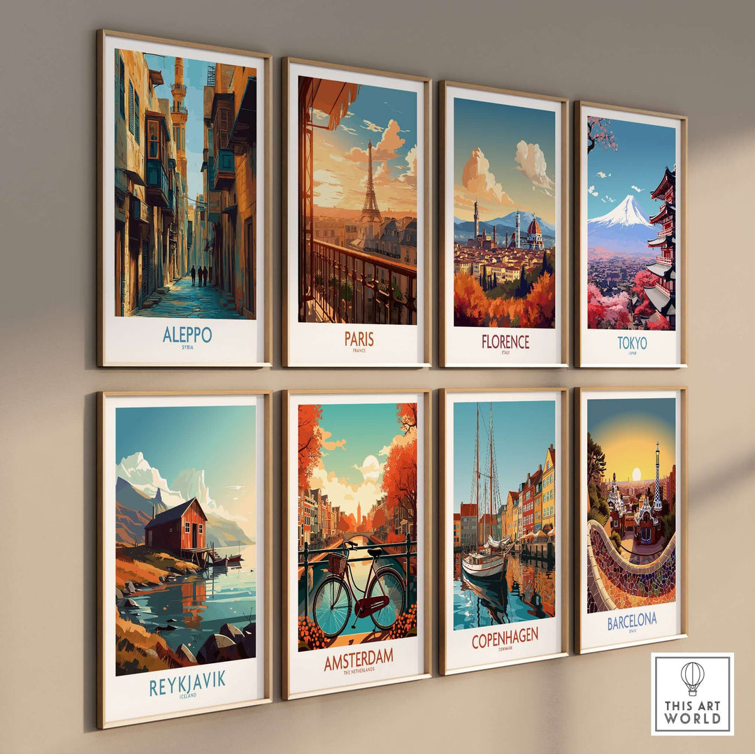 Gallery wall featuring travel posters: Aleppo, Paris, Florence, Tokyo, Reykjavik, Amsterdam, Copenhagen, and Barcelona.