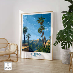 Aleppo Poster - Syria Landscape Print - Middle Eastern Travel Art - Palm Tree Wall Decor displayed in a modern interior setting.