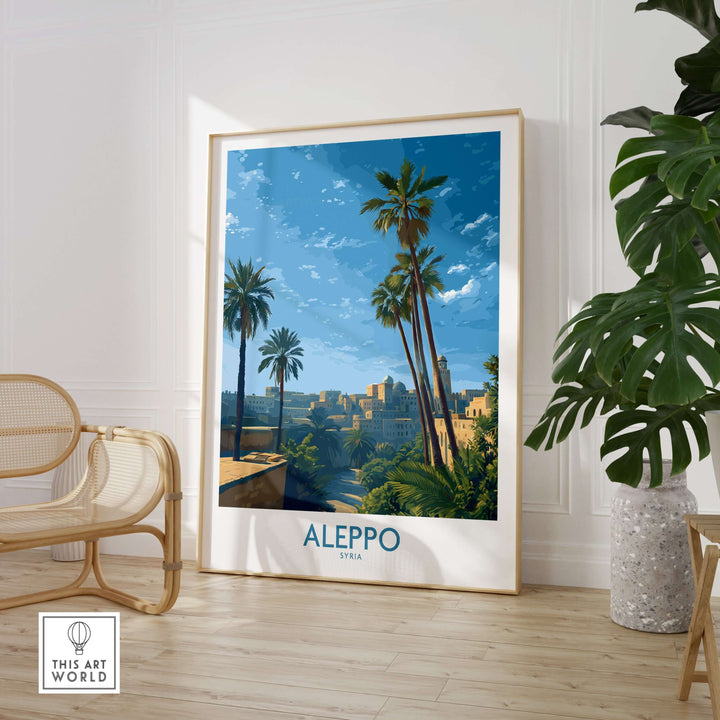 Aleppo poster showcasing palm trees and landscape, vibrant Middle Eastern travel art for home decor.