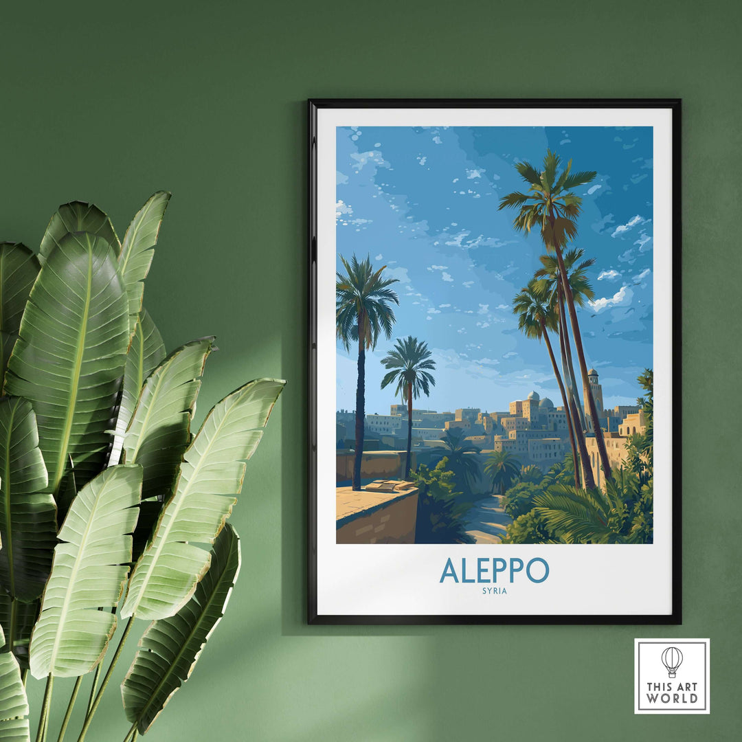 Aleppo poster featuring palm trees and a serene landscape print of Syria, ideal for Middle Eastern travel art decor.