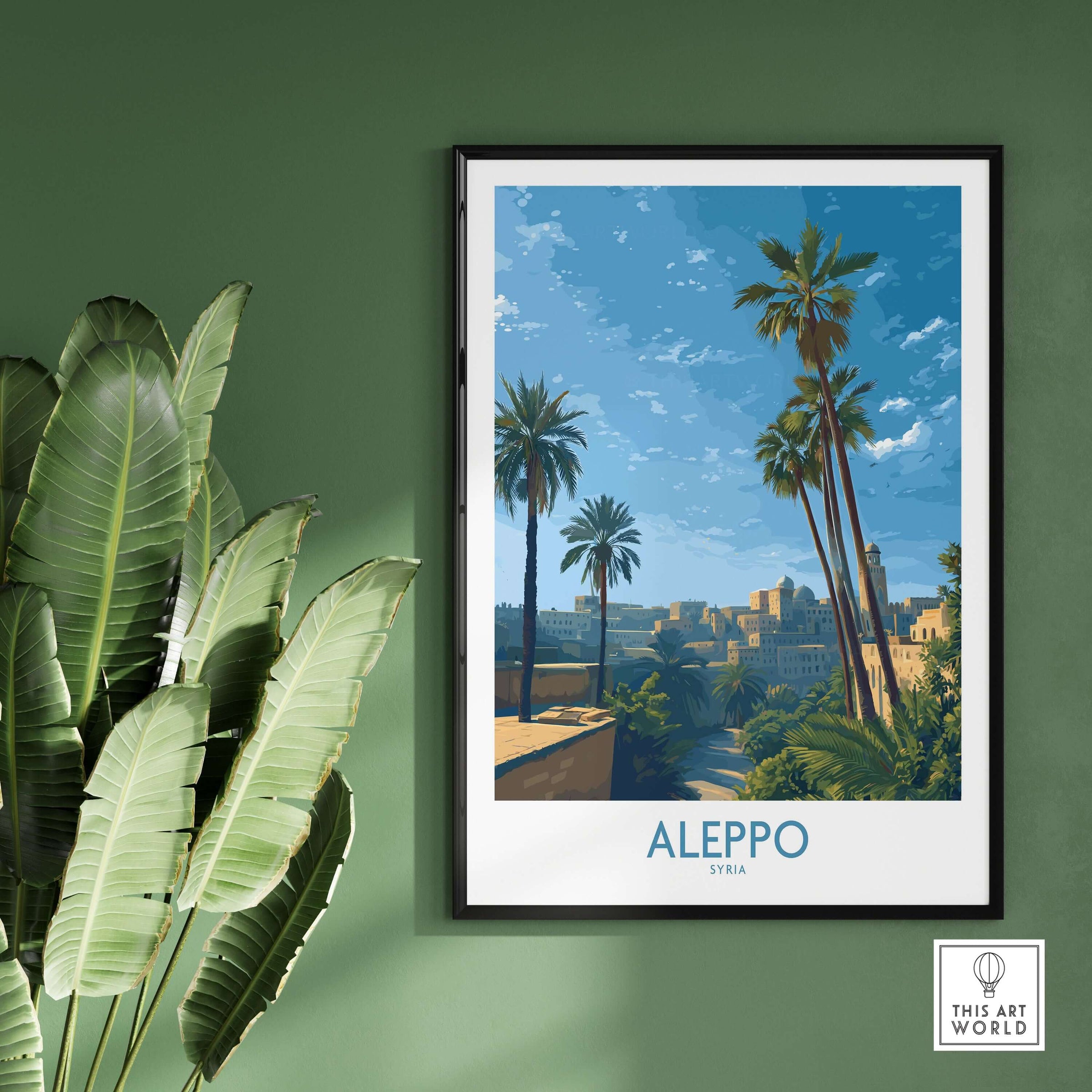 Aleppo Poster - Syria Landscape Print - Middle Eastern Travel Art - Palm Tree Wall Decor hanging on a green wall.