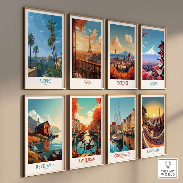 Collection of vibrant city posters including Aleppo, Paris, and Tokyo as wall decor.