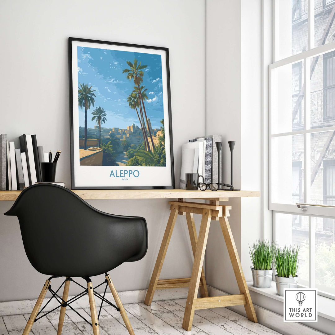Aleppo poster featuring palm trees in an elegant workspace, perfect for Middle Eastern travel art decor.