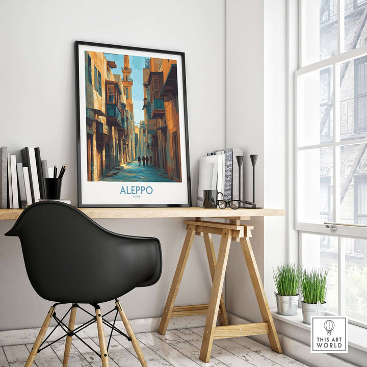 Aleppo poster displayed in a stylish workspace, showcasing minimalist wall art that captures Syrian culture.