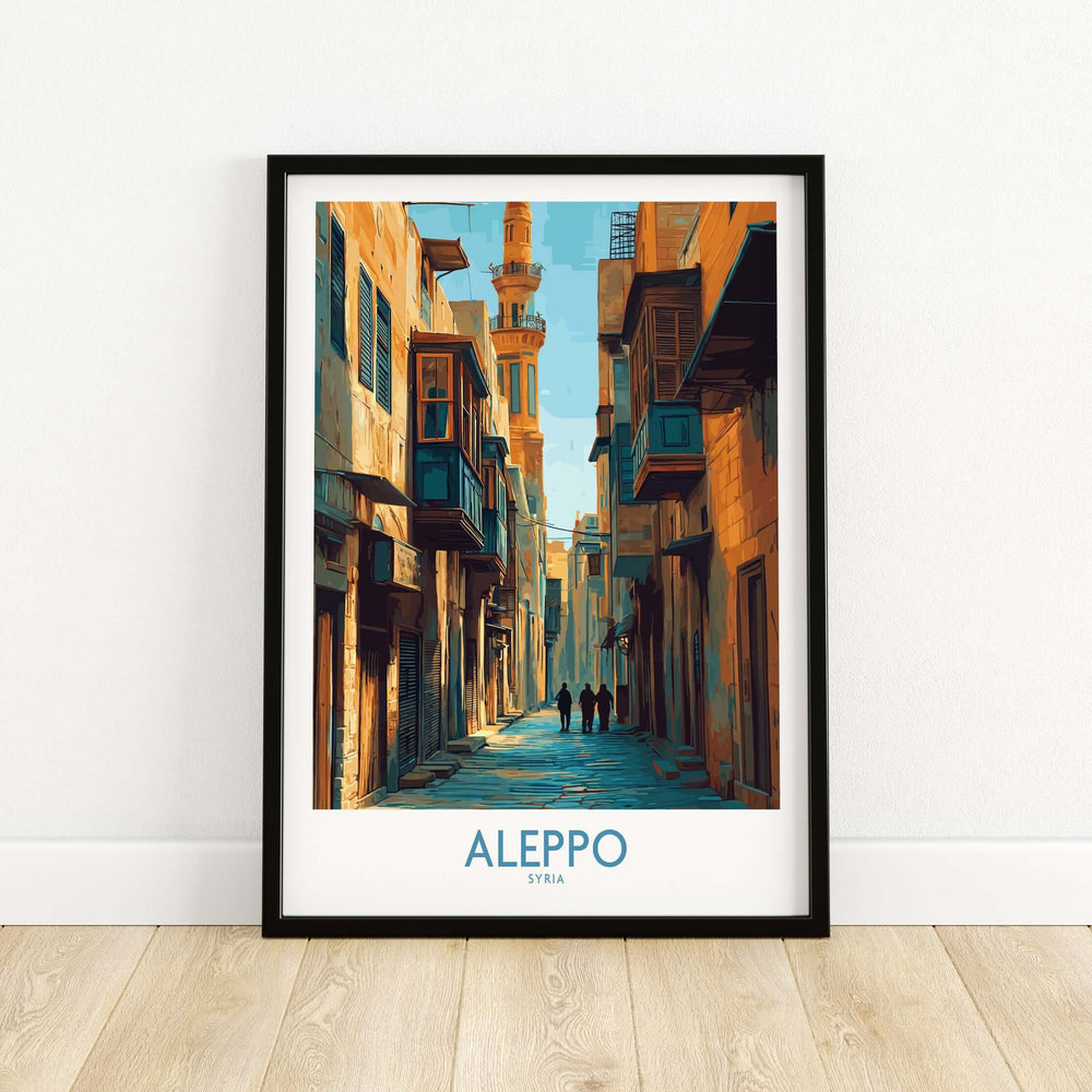 Aleppo travel poster showcasing a serene street scene, minimalist decor for Middle East wall art in A4, A3, A2 sizes.