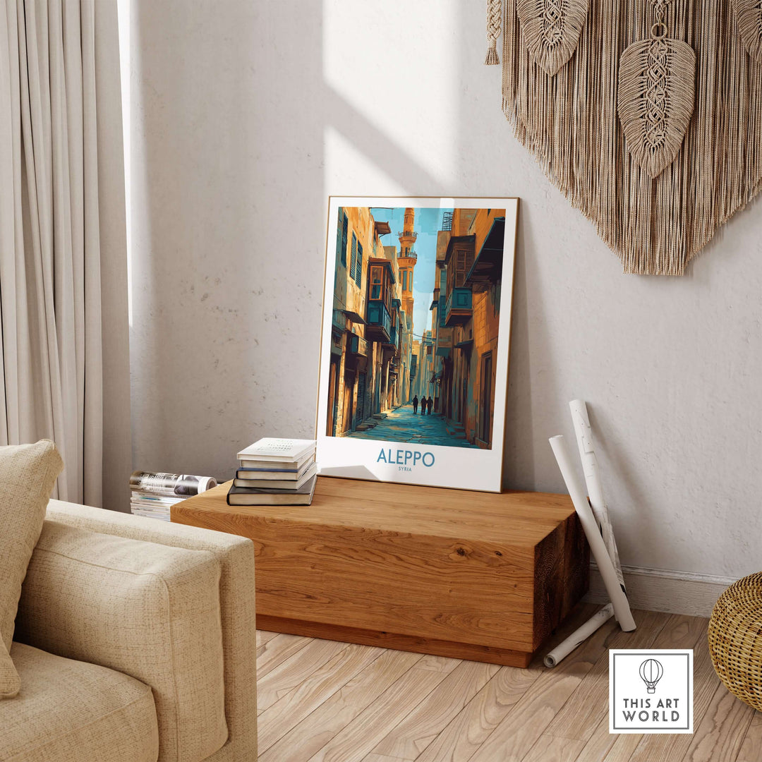 Aleppo poster displayed in a modern living room, showcasing minimalist Middle Eastern wall art.