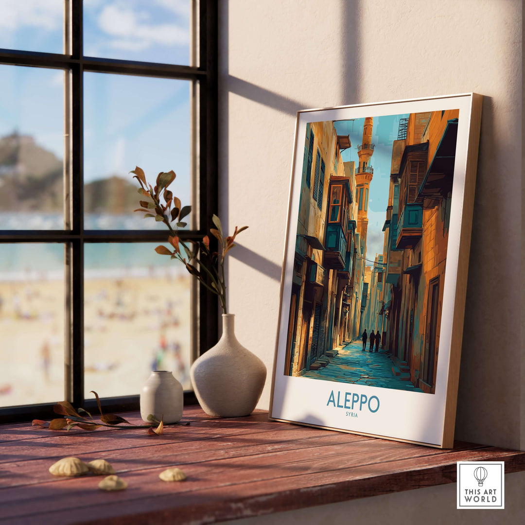 Aleppo poster featuring a street scene in Syria, displayed near a window with minimalist decor.