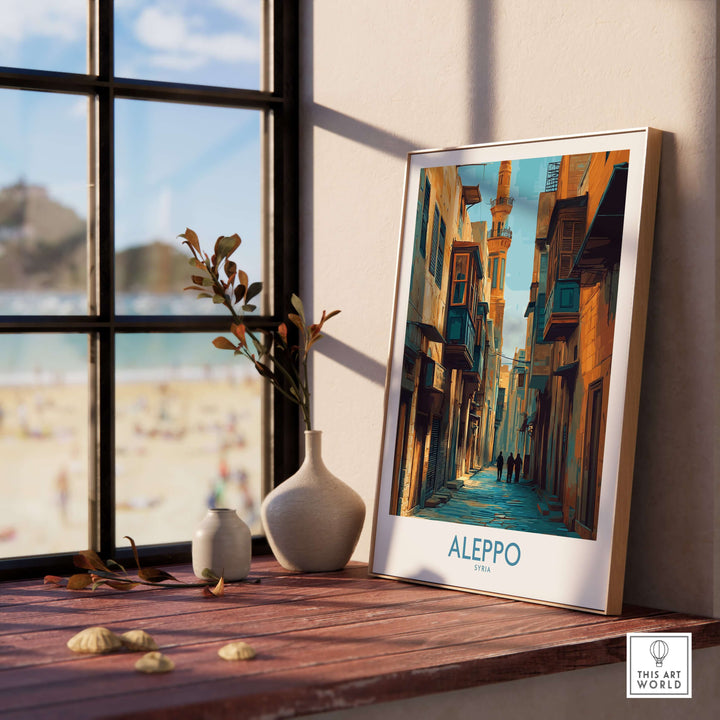 Aleppo poster featuring a street scene in Syria, displayed near a window with minimalist decor.