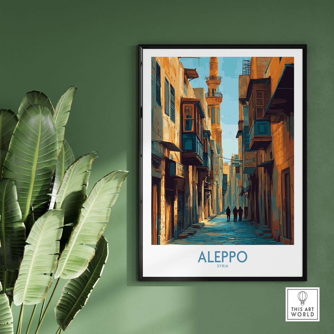 Aleppo poster featuring a scenic street in Syria, minimalist wall art for travel enthusiasts, available in A4, A3, A2 sizes.