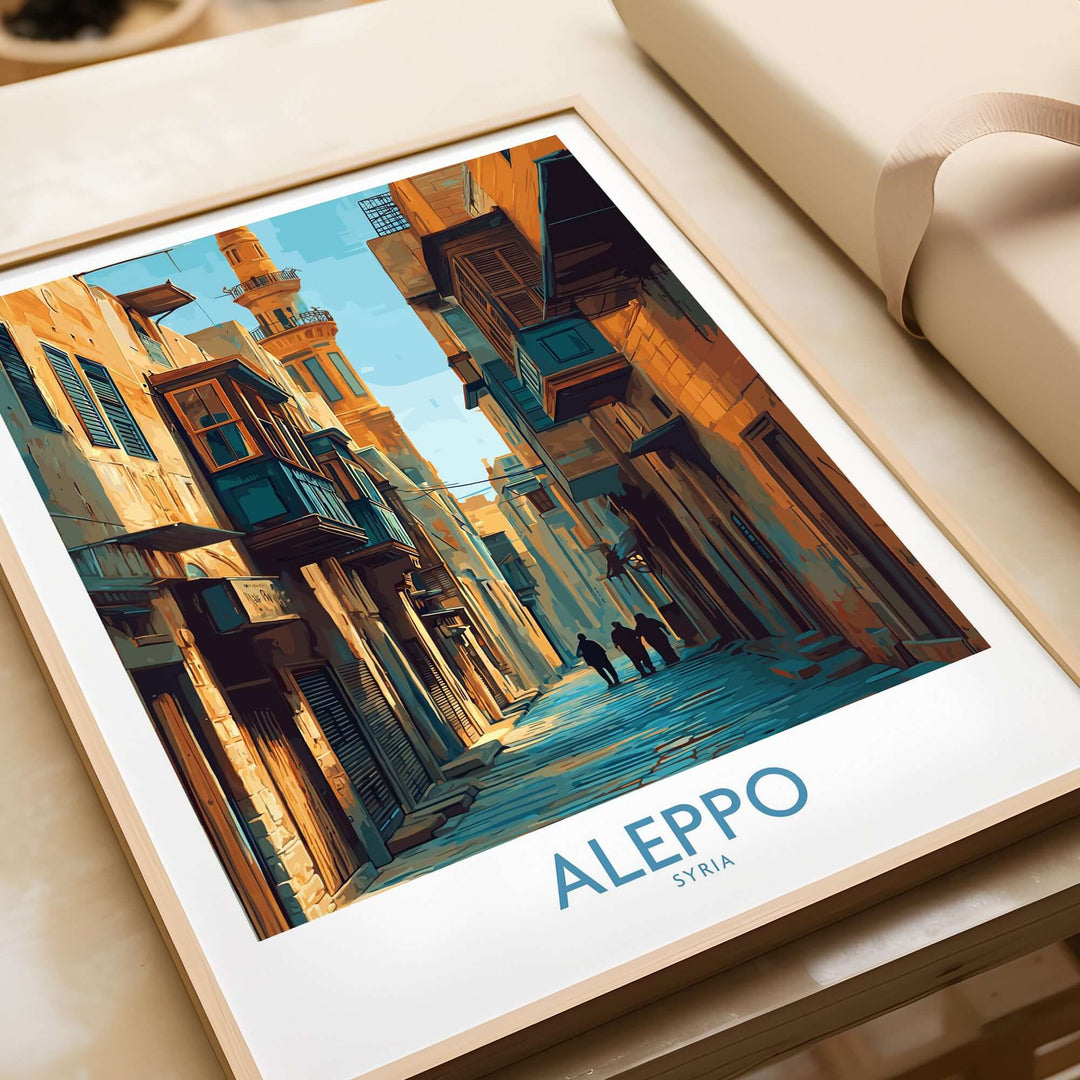 Aleppo skyline poster featuring a minimalist design, capturing the charm of Syria's streets and architecture.