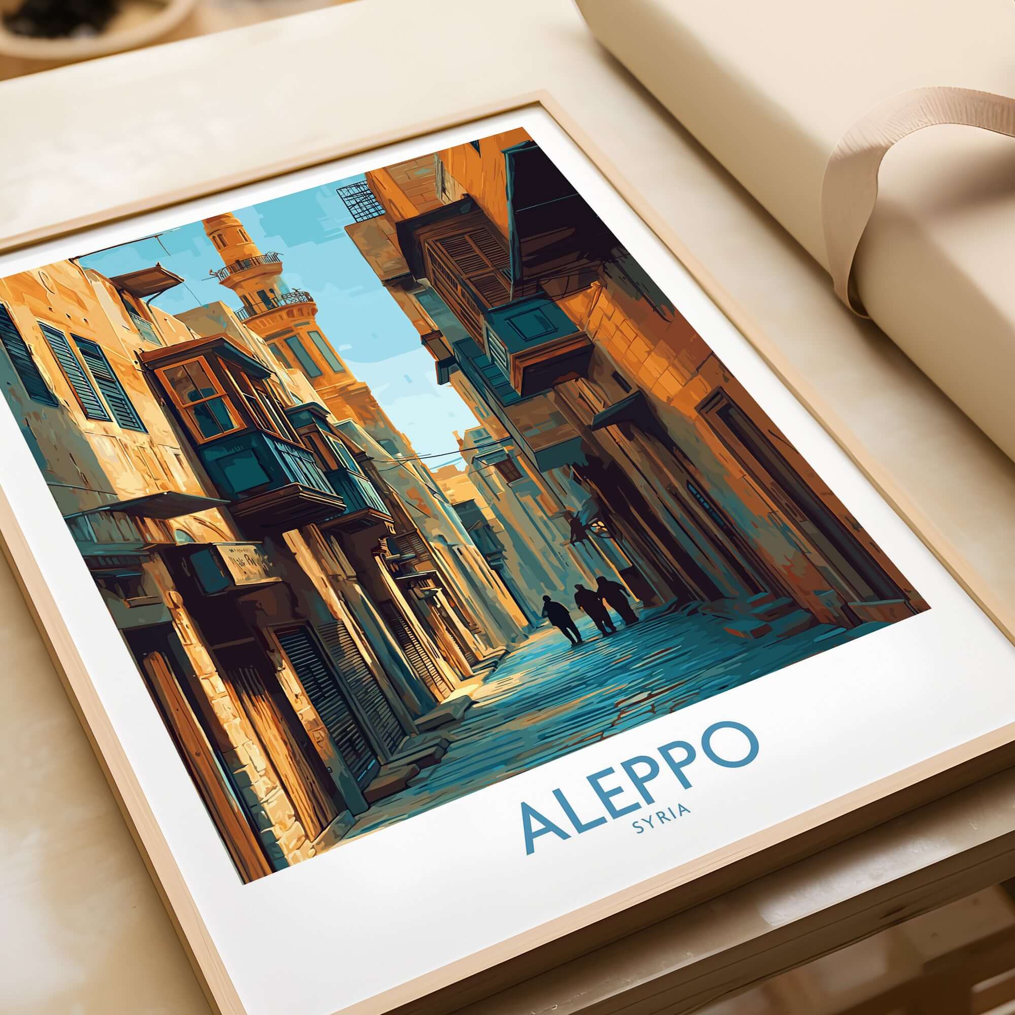 Aleppo Poster - Syria Travel Print - Middle East Wall Art - Minimalist Decor - A4 A3 A2 displayed in a modern frame.