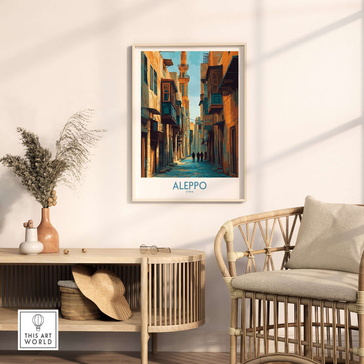 Aleppo Poster displayed in a minimalist living room, showcasing Syria's cultural charm and historic streets.