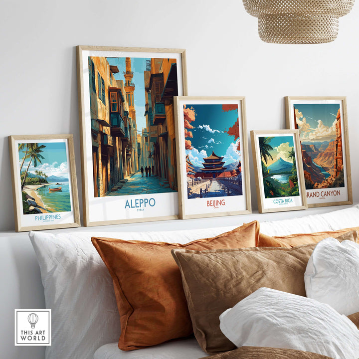 Gallery of travel posters, including Aleppo, Beijing, Costa Rica, Philippines, showcasing minimalist art.