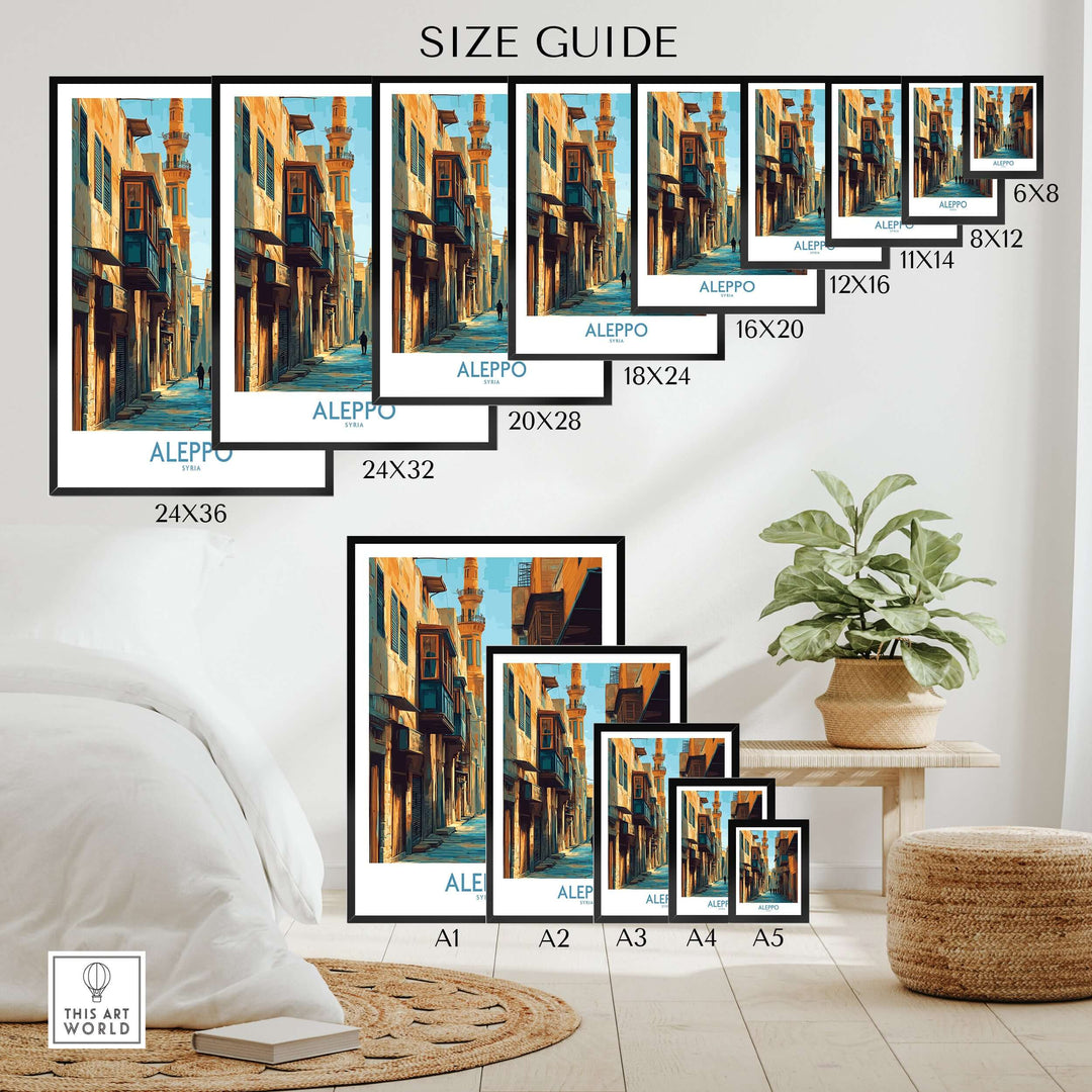 Size guide for Aleppo Poster prints showcasing various formats and dimensions on a modern wall.