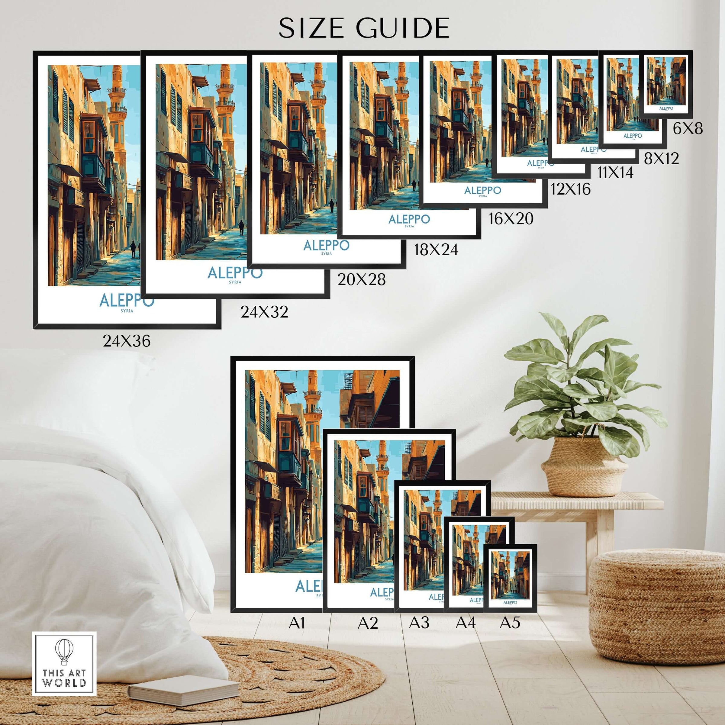 Aleppo Poster - Syria Travel Print - Middle East Wall Art - Minimalist Decor - A4 A3 A2 size guide showing print options.