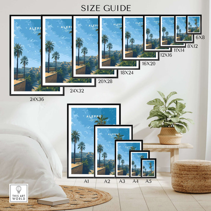 Size guide for Aleppo Skyline Poster featuring various dimensions and minimalist design, displayed in a stylish interior.